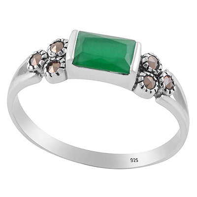 Beautiful Gemstone Studded Around Marcasite,Green Onyx Rectangle,Round Shape 925 Sterling Solid Silver Ring - R1002551-2
