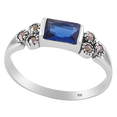 Beautiful Gemstone Studded Around Marcasite,Cubic Zirconia Rectangle,Round Shape 925 Sterling Solid Silver Ring - R1002551-3