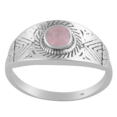 Gorgeous Texture Patterns Around Rose Quartz Round Shape 925 Sterling Solid Silver Ring - R1002553-11