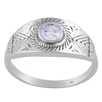 Gorgeous Texture Patterns Around White Cubic Zirconia Round Shape 925 Sterling Solid Silver Ring - R1002553-13