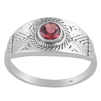 Gorgeous Texture Patterns Around Garnet Round Shape 925 Sterling Solid Silver Ring - R1002553-2