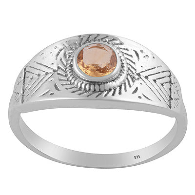 Gorgeous Texture Patterns Around Citrine Round Shape 925 Sterling Solid Silver Ring - R1002553-4