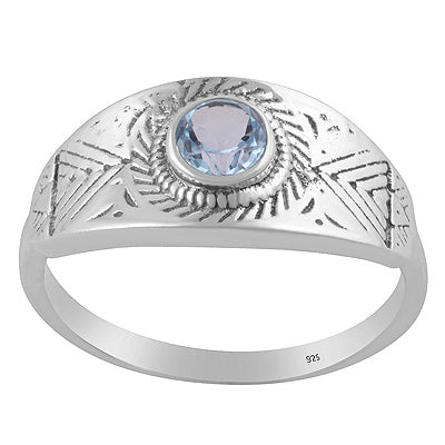 Gorgeous Texture Patterns Around Blue Topaz Round Shape 925 Sterling Solid Silver Ring - R1002553-8