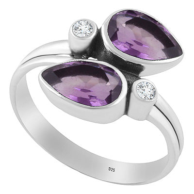 Alluring Multiple Gemstones Amethyst,White Cubic Zirconia Pear,Round Shape 925 Sterling Solid Silver Ring - R1002554-1