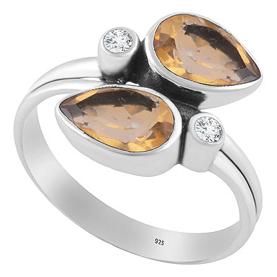 Alluring Multiple Gemstones Citrine,White Cubic Zirconia Pear,Round Shape 925 Sterling Solid Silver Ring - R1002554-4