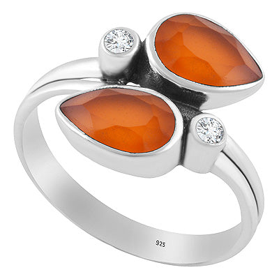 Alluring Multiple Gemstones Carnelian,White Cubic Zirconia Pear,Round Shape 925 Sterling Solid Silver Ring - R1002554-9