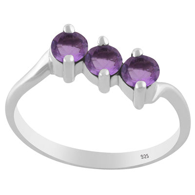 Gorgeous Three Gemstone Amethyst Round Shape 925 Sterling Solid Silver Ring - R1002557-1