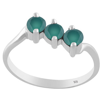 Gorgeous Three Gemstone Green Onyx Round Shape 925 Sterling Solid Silver Ring - R1002557-10