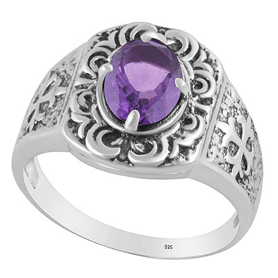 Gorgeous Texture Patterns Around Amethyst Oval Shape 925 Sterling Solid Silver Ring - R1002560-1