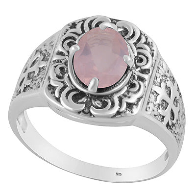 Gorgeous Texture Patterns Around Rose Quartz Oval Shape 925 Sterling Solid Silver Ring - R1002560-11