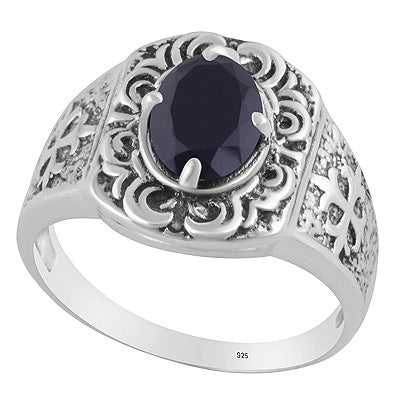 Gorgeous Texture Patterns Around Black Onyx Oval Shape 925 Sterling Solid Silver Ring - R1002560-12