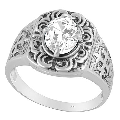 Gorgeous Texture Patterns Around White Cubic Zirconia Oval Shape 925 Sterling Solid Silver Ring - R1002560-13