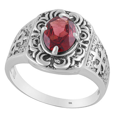 Gorgeous Texture Patterns Around Garnet Oval Shape 925 Sterling Solid Silver Ring - R1002560-2