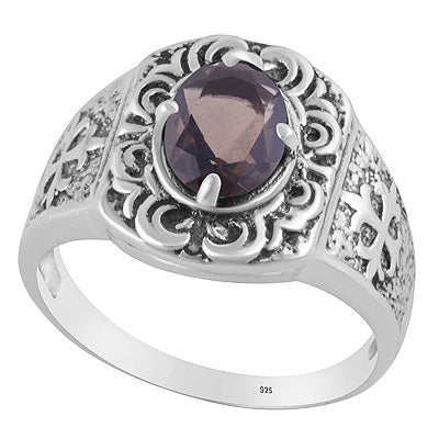 Gorgeous Texture Patterns Around Smoky Topaz Oval Shape 925 Sterling Solid Silver Ring - R1002560-7