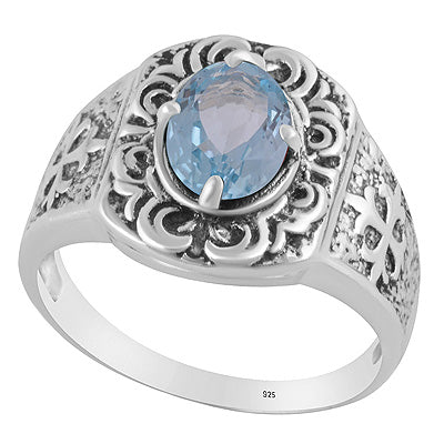 Gorgeous Texture Patterns Around Blue Topaz Oval Shape 925 Sterling Solid Silver Ring - R1002560-8