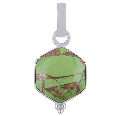 Minimal Rawa Work At Bottom Green Copper Turquoise Hexagon Shape 925 Sterling Solid Silver Pendant - R100439-1