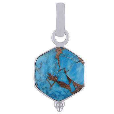 Minimal Rawa Work At Bottom Blue Copper Turquoise Hexagon Shape 925 Sterling Solid Silver Pendant - R100439-2