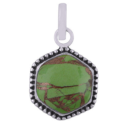 Gorgeous Rawa Work Around Green Copper Turquoise Hexagon Shape 925 Sterling Solid Silver Pendant - R100554-20
