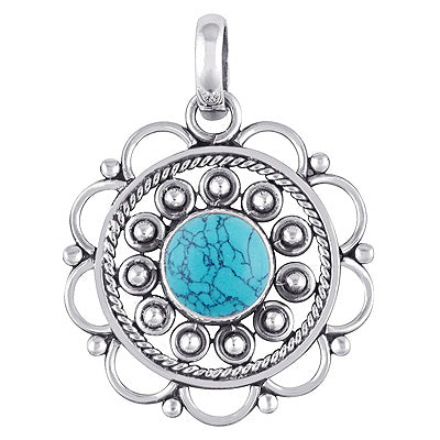 Alluring Handcrafted Twisted Wire Work Flower Turquoise Round Shape 925 Sterling Solid Silver Pendant - R100883-12
