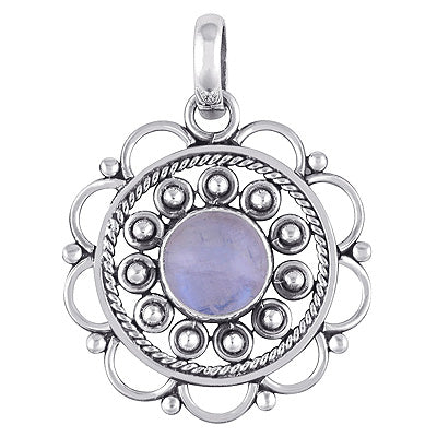 Alluring Handcrafted Twisted Wire Work Flower Rainbow Moonstone Round Shape 925 Sterling Solid Silver Pendant - R100883-15