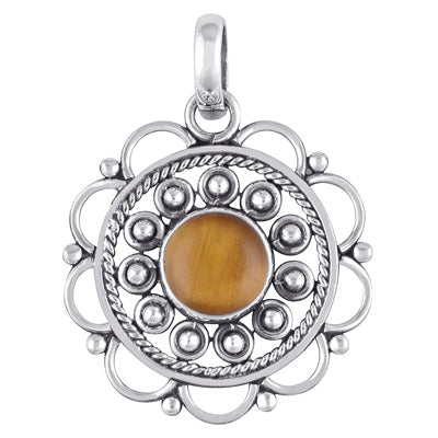 Alluring Handcrafted Twisted Wire Work Flower Tiger's Eye Round Shape 925 Sterling Solid Silver Pendant - R100883-20