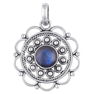 Alluring Handcrafted Twisted Wire Work Flower Labradorite Round Shape 925 Sterling Solid Silver Pendant - R100883-23