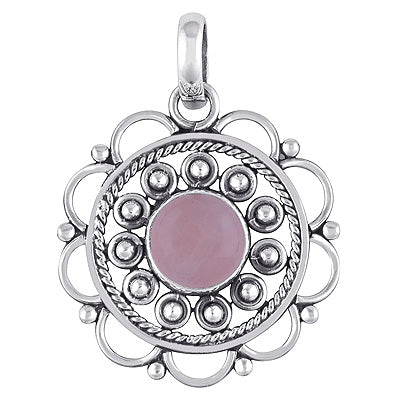 Alluring Handcrafted Twisted Wire Work Flower Rose Quartz Round Shape 925 Sterling Solid Silver Pendant - R100883-28