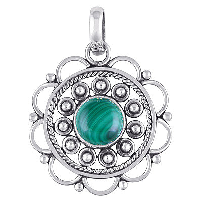 Alluring Handcrafted Twisted Wire Work Flower Malachite Round Shape 925 Sterling Solid Silver Pendant - R100883-63