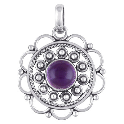 Alluring Handcrafted Twisted Wire Work Flower Amethyst Round Shape 925 Sterling Solid Silver Pendant - R100883-7