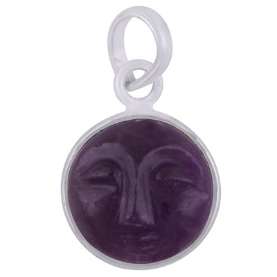 Beautifully Face Carved Bezel Amethyst Round Shape 925 Sterling Solid Silver Pendant - R101091-41