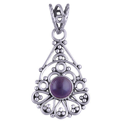 Beautifully Handcrafted Wire Work Amethyst Round Shape 925 Sterling Solid Silver Pendant - R101399-1