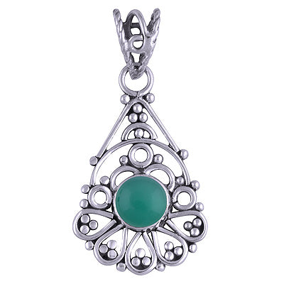 Beautifully Handcrafted Wire Work Green Onyx Round Shape 925 Sterling Solid Silver Pendant - R101399-26