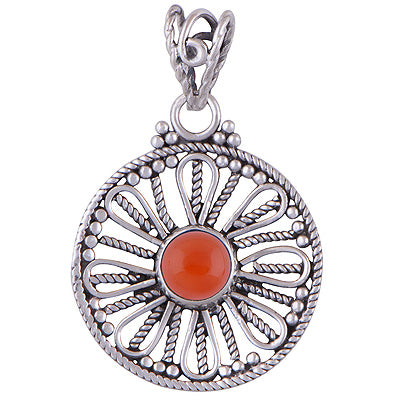 Stunning Rawa & Wire Work Around Carnelian Round Shape 925 Sterling Solid Silver Pendant - R101400-26