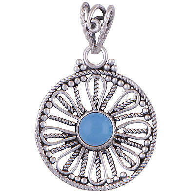Stunning Rawa & Wire Work Around Blue Chalcedony Round Shape 925 Sterling Solid Silver Pendant - R101400-28