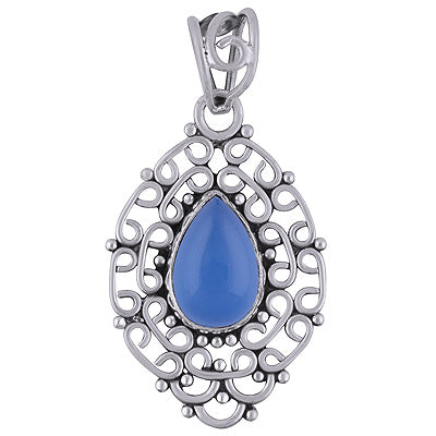 Stunning Handwork Around Blue Chalcedony Pear Shape 925 Sterling Solid Silver Pendant - R101403-81