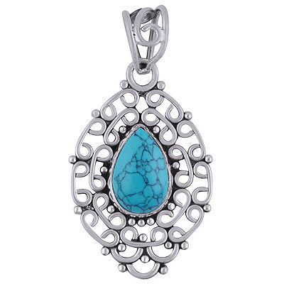 Stunning Handwork Around Turquoise Pear Shape 925 Sterling Solid Silver Pendant - R101403-9