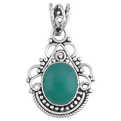 Gorgeous Handwork Around Green Onyx Oval Shape 925 Sterling Solid Silver Pendant - R101404-137