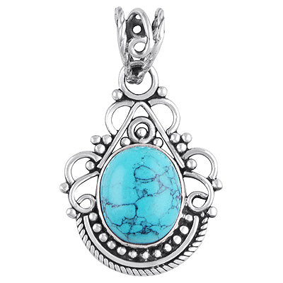 Gorgeous Handwork Around Turquoise Oval Shape 925 Sterling Solid Silver Pendant - R101404-7