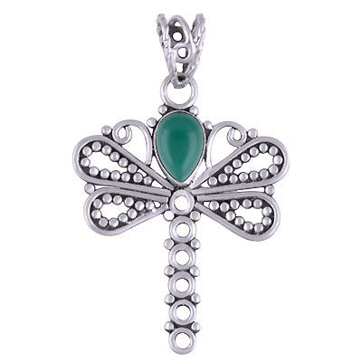 Handcrafted Beautiful Dragonfly Around Green Onyx Pear Shape 925 Sterling Solid Silver Pendant - R101406-26