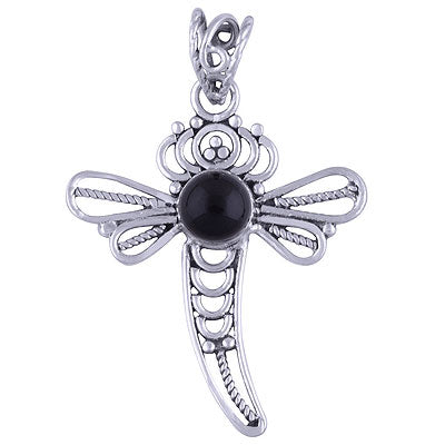 Stunning Handcrafted Dragon fly Black Onyx Round Shape 925 Sterling Solid Silver Pendant - R101407-23