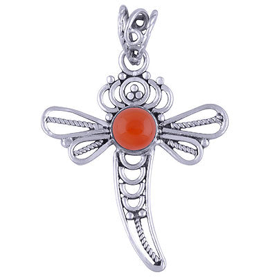 Stunning Handcrafted Dragon fly Carnelian Round Shape 925 Sterling Solid Silver Pendant - R101407-32