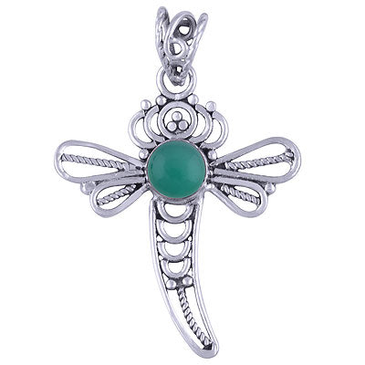 Stunning Handcrafted Dragon fly Green Onyx Round Shape 925 Sterling Solid Silver Pendant - R101407-33