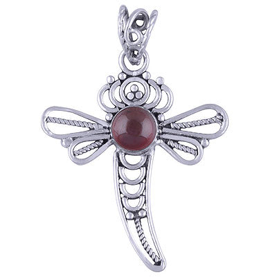 Stunning Handcrafted Dragon fly Garnet Round Shape 925 Sterling Solid Silver Pendant - R101407-4