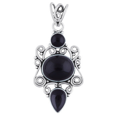 Beautiful Handwork Around Black Onyx Round, Oval, Pear Shape 925 Sterling Solid Silver Pendant - R101409-124