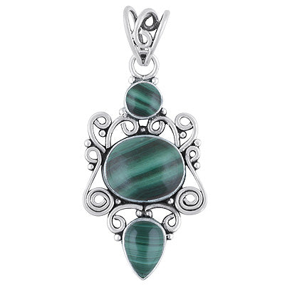 Beautiful Handwork Around Malachite Round, Oval, Pear Shape 925 Sterling Solid Silver Pendant - R101409-125