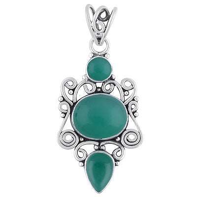 Beautiful Handwork Around Green Onyx Round, Oval, Pear Shape 925 Sterling Solid Silver Pendant - R101409-127
