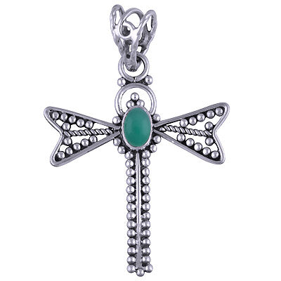Dragon Fly handmade Rawa work Green Onyx Oval Shape 925 Sterling Solid Silver Pendant - R101410-28
