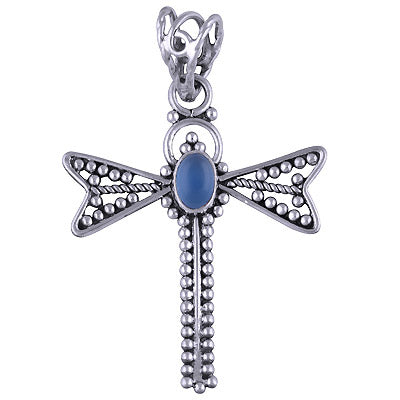 Dragon Fly handmade Rawa work Blue Chalcedony Oval Shape 925 Sterling Solid Silver Pendant - R101410-29