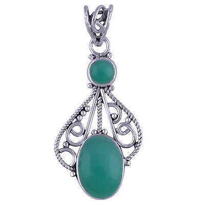 Beautiful Two Stone Handcrafted Green Onyx Oval,Round Shape 925 Sterling Solid Silver Pendant - R101412-28