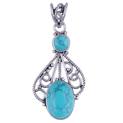 Beautiful Two Stone Handcrafted Turquoise Oval,Round Shape 925 Sterling Solid Silver Pendant - R101412-4